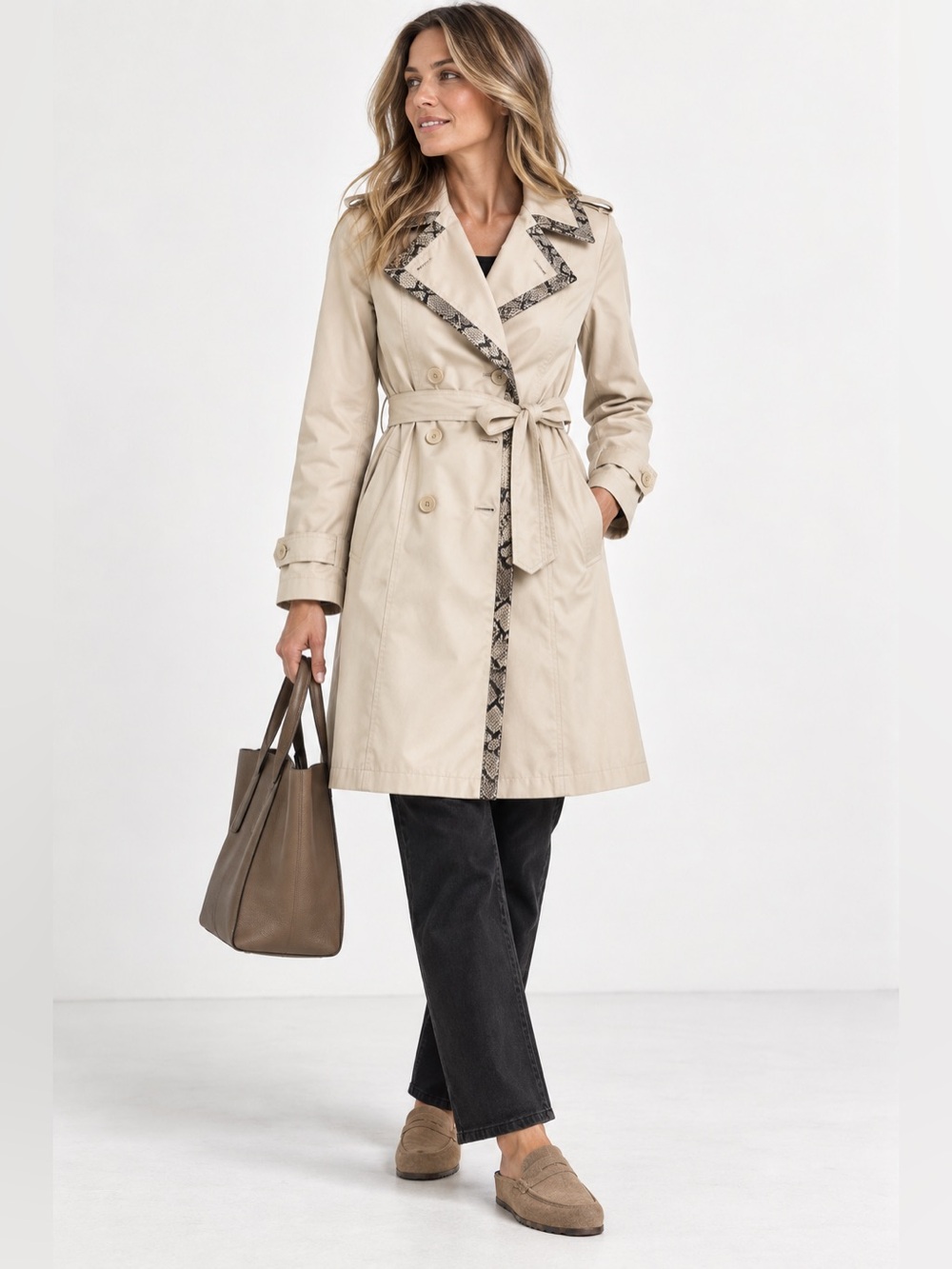 Via Spiga Cotton Blend Trench Coat S Beige Snake Print Double Breasted Belted